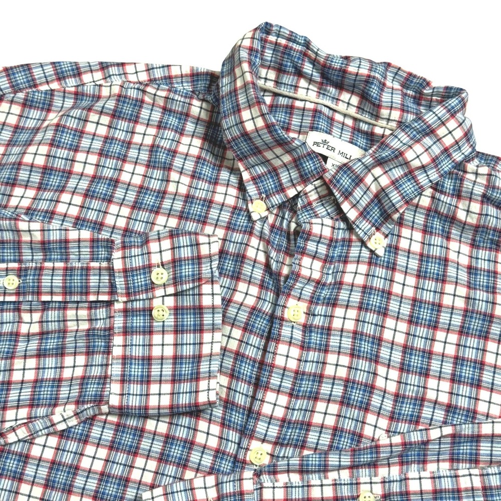 Peter Millar Mens Plaid Button Down Shirt XL Blue Red White Long Sleeve Cotton